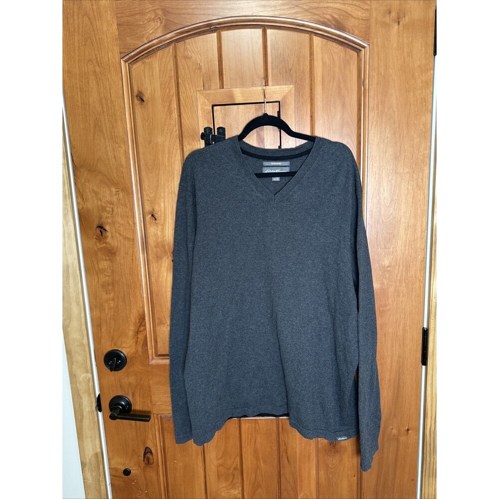 Eddie‎ Bauer Mens V Neck Sweater TXL Dark Gray Cotton Merino Wool Tight Knit